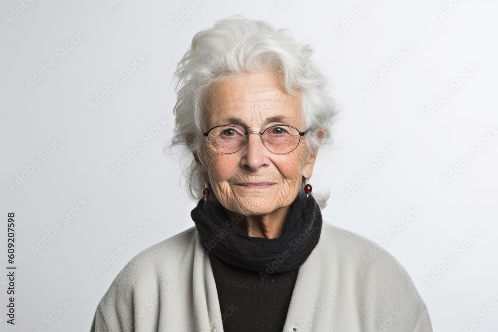 Portrait of a senior woman with grey hair wearing glasses and scarf Portrait of a senior woman with grey hair wearing glasses and scarf