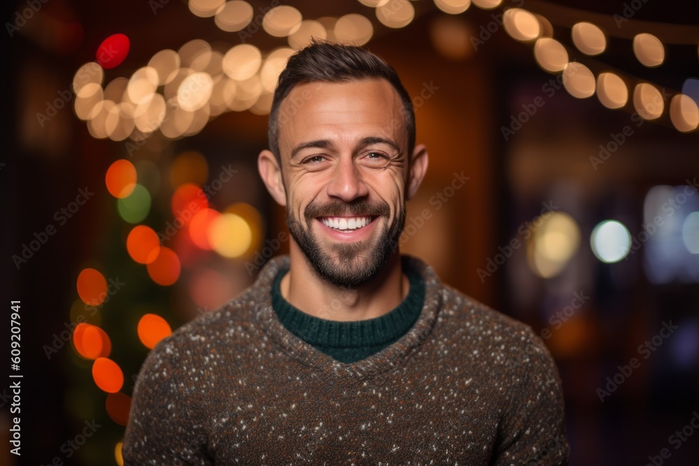 Portrait of a handsome young man with a beard smiling at the camera