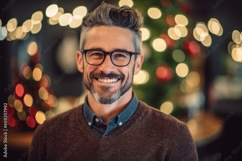 Portrait of smiling man in eyeglasses against blurred christmas lights Portrait of smiling man in eyeglasses against blurred christmas lights