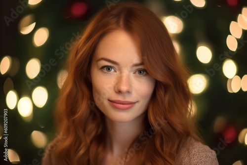 Portrait of beautiful young woman with red hair in christmas decorations