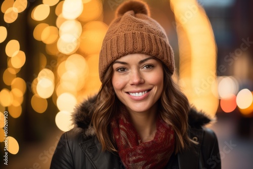 winter, people, leisure and happiness concept - smiling young woman in hat and scarf over night lights background