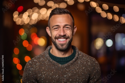 Portrait of a handsome young man with a beard smiling at the camera