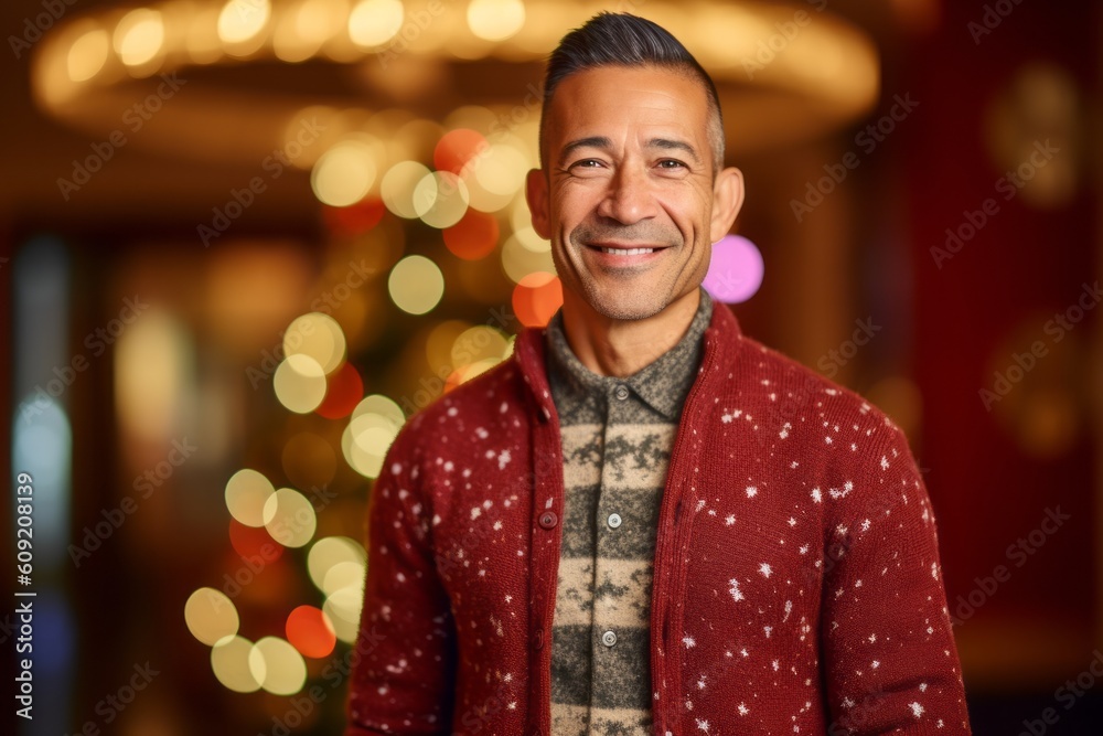 Obraz premium portrait of handsome middle aged man with christmas tree in background