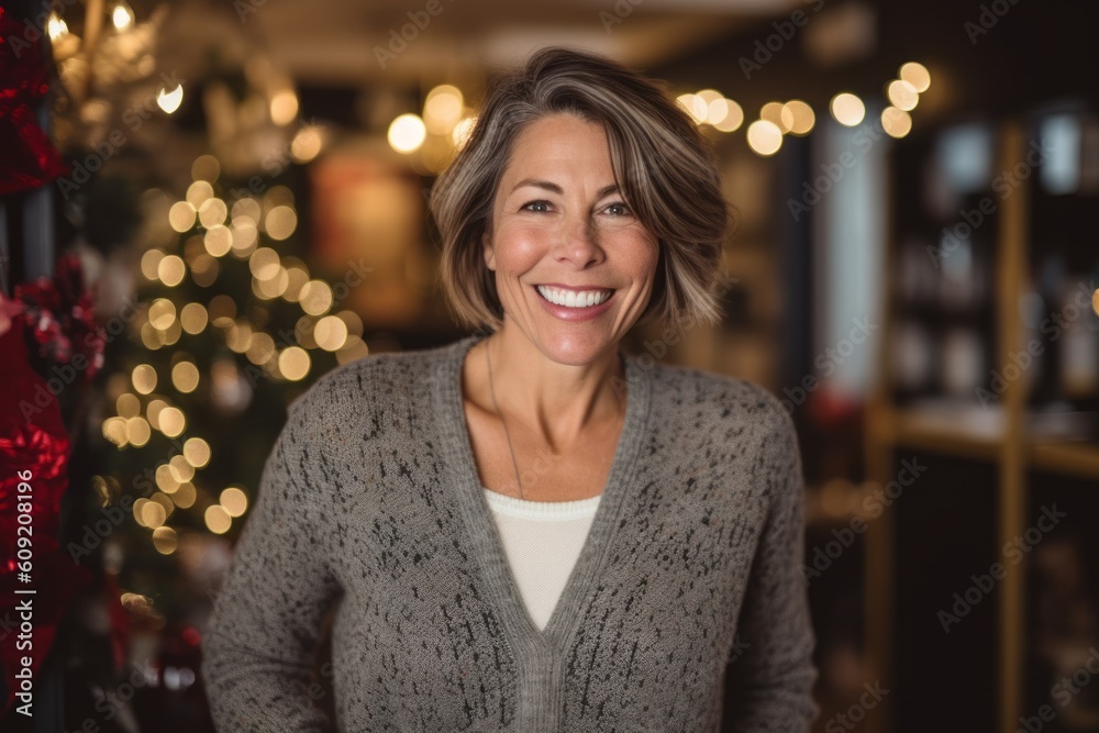 Portrait of smiling woman standing in front of christmas tree at home Portrait of smiling woman standing in front of christmas tree at home