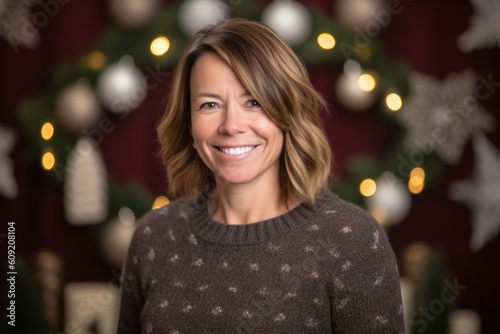 Portrait of a beautiful woman smiling at the camera with a Christmas tree in the background