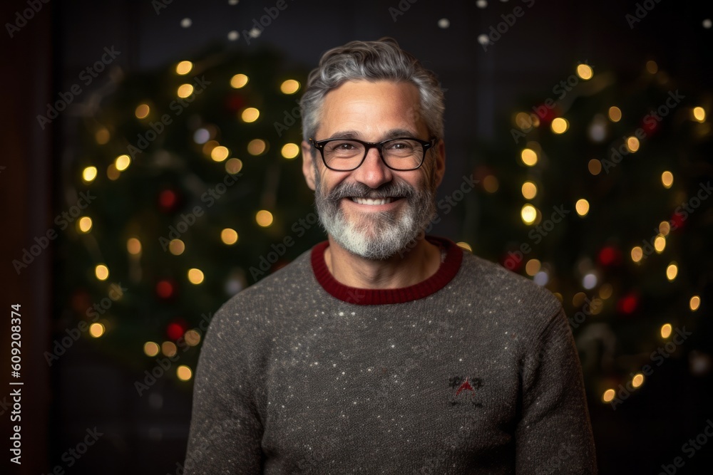 Portrait of a senior man with glasses against the background of a Christmas tree