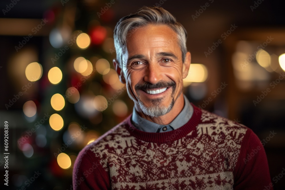 Portrait of smiling mature man in sweater at home in the living room Portrait of smiling mature man in sweater at home in the living room
