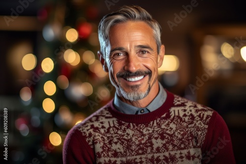Portrait of smiling mature man in sweater at home in the living room