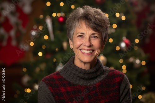 Medium shot portrait photography of a grinning woman in her 50s that is wearing a cozy sweater against a christmas or holiday themed background . Generative AI photo