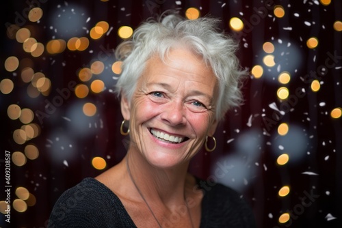 Portrait of smiling senior woman with christmas lights in the background