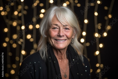 Portrait of a happy senior woman on christmas lights background. © Robert MEYNER