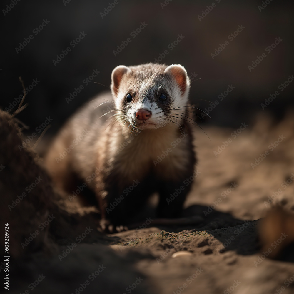 A cute ferret in its natural habitat. Close up portrait of ferret on the ground among grass. Polecat looks out of a field. Realistic 3D illustration. Generative AI A cute ferret in its natural habitat. Close up portrait of ferret on the ground among grass. Polecat looks out of a field. Realistic 3D illustration. Generative AI
