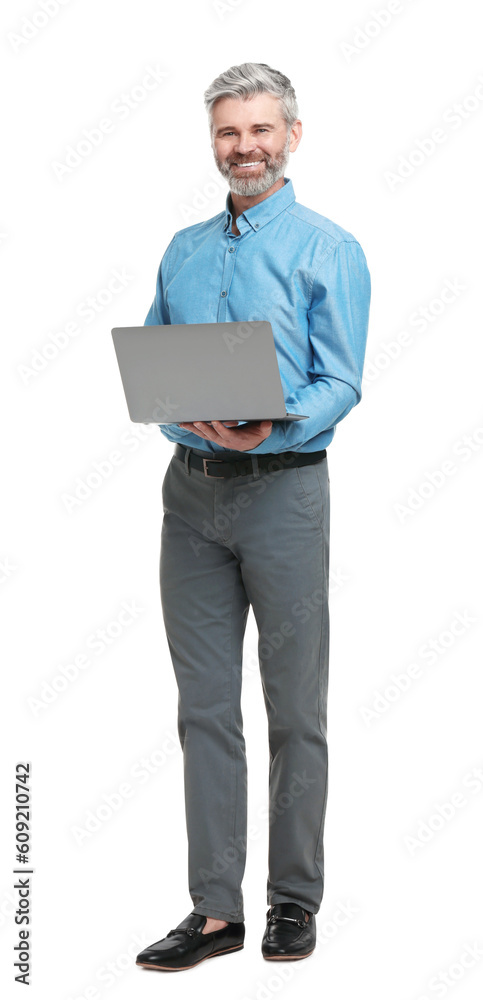 Mature businessman in stylish clothes with laptop on white background Mature businessman in stylish clothes with laptop on white background