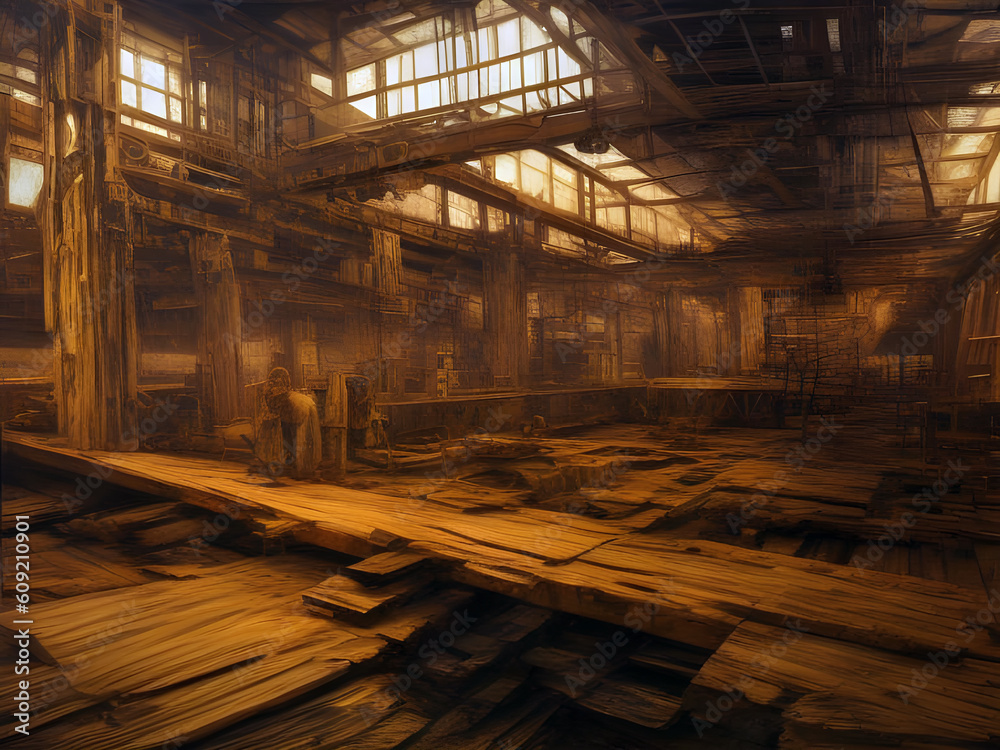The interior of a large derelict deserted old factory with light from the broken windows reflected on the wooden floor. generative ai art