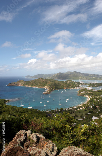 view of falmouth bay and english harbour from shirley heights lookout, Antigua leeward islands caribbean lesser antillies west indies photo
