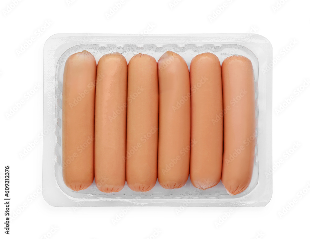 Plastic container with sausages isolated on white, top view. Meat product Plastic container with sausages isolated on white, top view. Meat product
