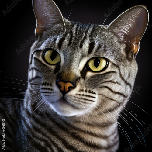 Studio shot with cute egyptian mau cat portrait with the curiosity and innocent look as concept of modern happy domestic pet in ravishing hyper realistic detail by Generative AI. photo