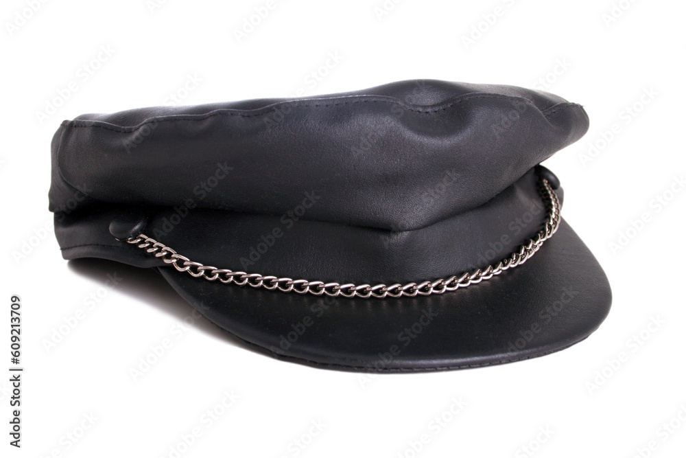 Black biker hat with chain - isolated with clipping path Black biker hat with chain - isolated with clipping path