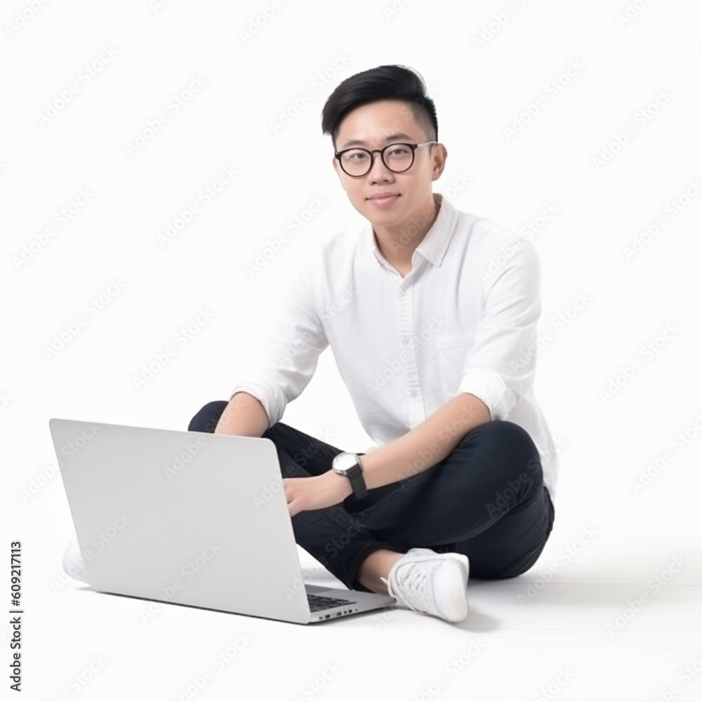 Young Asian Man Sitting With A Laptop