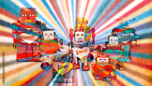 Team of love robots with a rainbow background