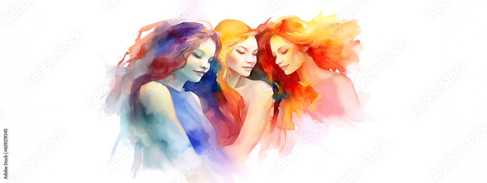 Females, Celebrate Woman's Day with Pretty Watercolor Painting.  Colorful and Inspiring Artwork for International Women's Day.  Generative AI.