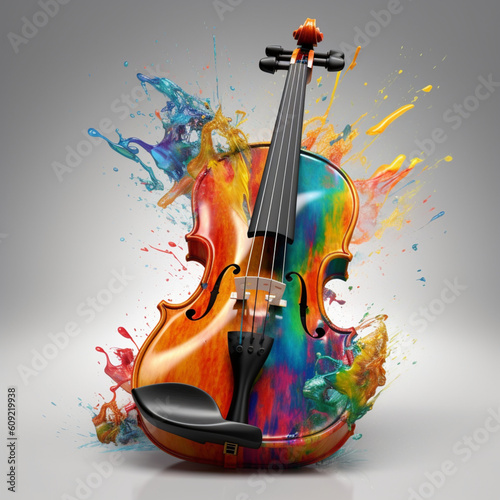 Violin Splashed In Colorful Paint On Simple Background