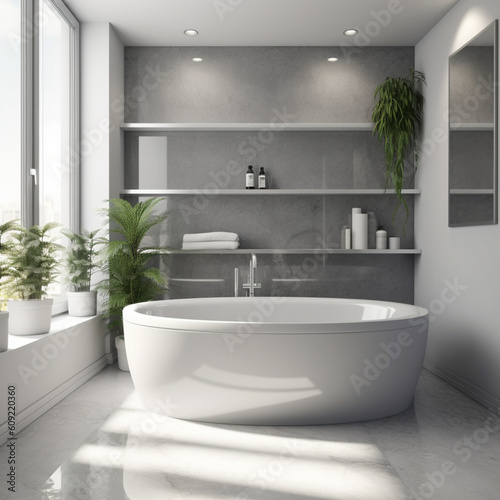 Modern Bathroom Design In White And Grey With Plants