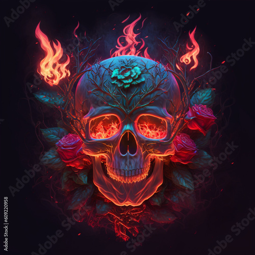 Flaming Skull With Roses Around