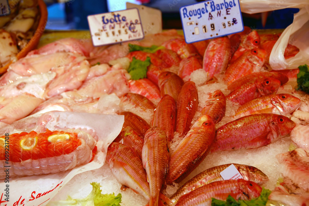 Fresh seafood on ice for sale at fish market Fresh seafood on ice for sale at fish market