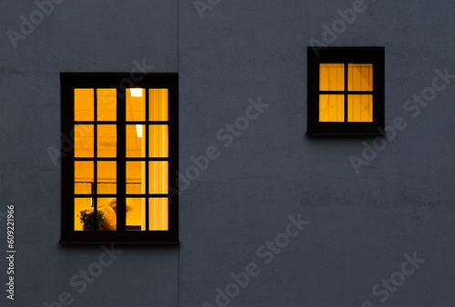 Look through a windows from outside to inside. Lightened one large and half size windows