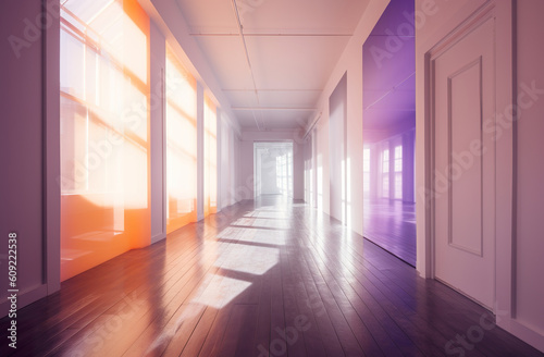 Empty wall in a bright room  building construction. A blurred image of a white hall with bright sun lights. Lit up modern hallway. Realistic 3D illustration. Generative AI