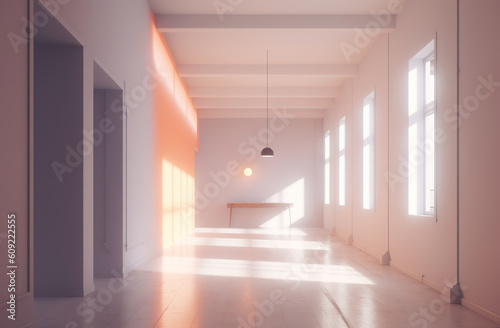 Empty wall in a bright room  building construction. A blurred image of a white hall with bright sun lights. Lit up modern hallway. Realistic 3D illustration. Generative AI