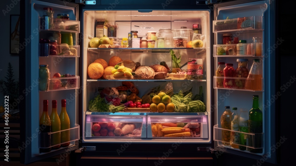 a photo of a fridge filled with food, drinks, juice and other groceries. Generative AI