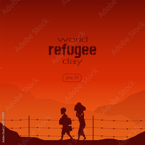 World Refugee Day template with people walking in desert at sunset