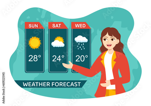 Meteorologist Vector Illustration with Weather Forecast and Atmospheric Precipitation Map in Flat Cartoon Hand Drawn Landing Page Templates