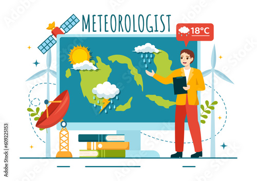 Meteorologist Vector Illustration with Weather Forecast and Atmospheric Precipitation Map in Flat Cartoon Hand Drawn Landing Page Templates