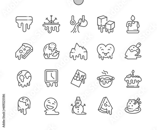 Melting. Ice cream melting. Global warming. Ice cube, iceberg, cake, cheese melting. Pixel Perfect Vector Thin Line Icons. Simple Minimal Pictogram