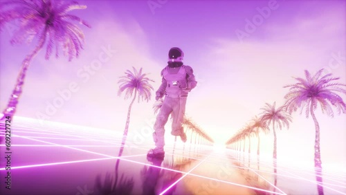 Astronaut runing betwen Synthwave Palms photo