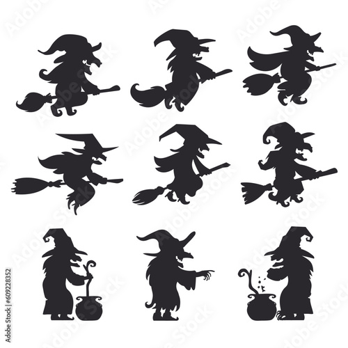 silhouette of an old witch riding a flying broomstick The witch concocted poison in the devil's cauldron.