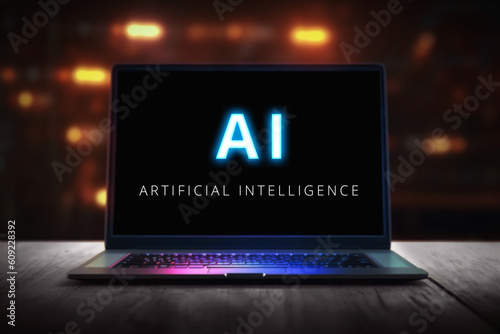 Laptop with text "AI, artificial intelligence" on it - Created with generative AI - composed and enhanced by the artist
