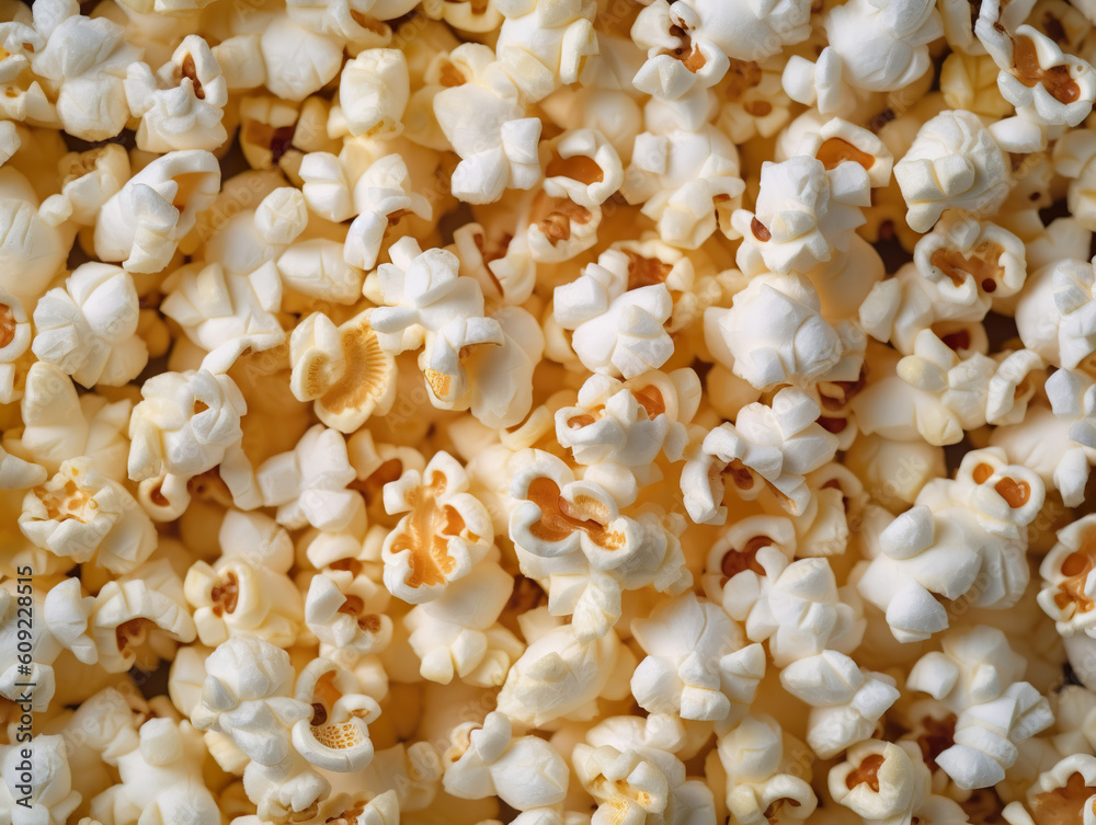 A close up of popcorn that is white and yellow. Tasty popcorn on whole. Food for watching cinema. Realistic 3D illustration. Generative AI A close up of popcorn that is white and yellow. Tasty popcorn on whole. Food for watching cinema. Realistic 3D illustration. Generative AI