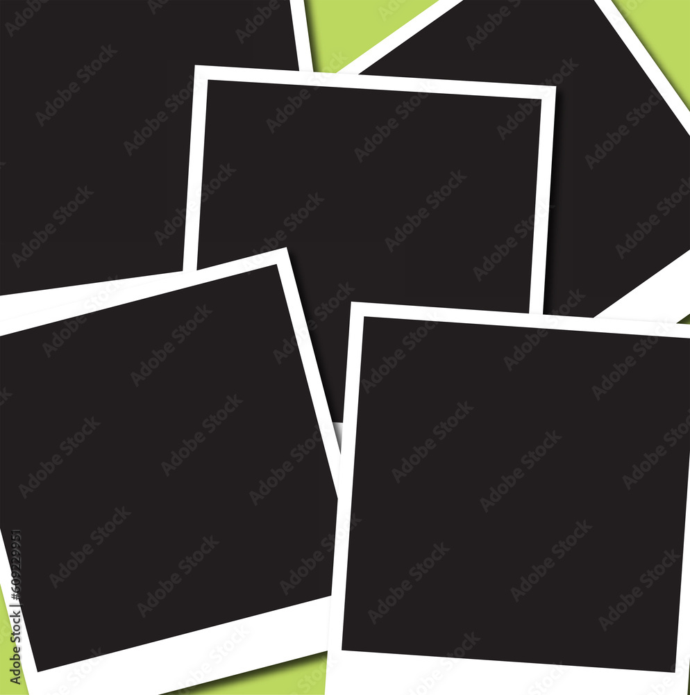 A collection of 5 photo place holders on a green background