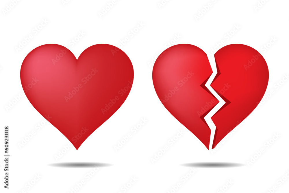 Vector realistic red heart and broken hearts