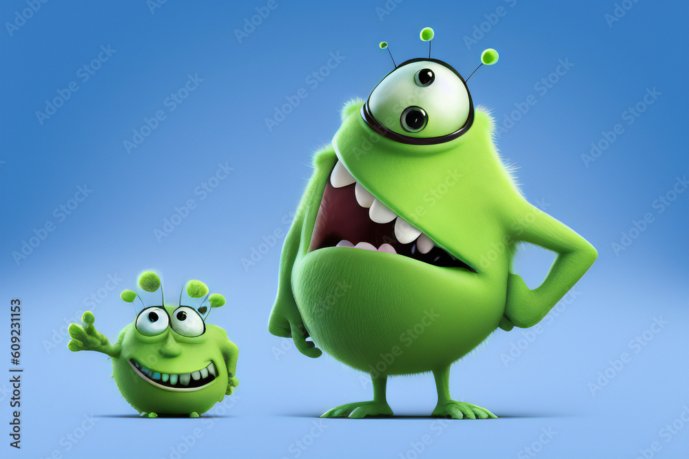 Fototapeta premium A dangerous and ugly virus character with a hilarious expression. A symbol of diseses, contamination and poor hygiene. 3D animation style. Created with generative AI