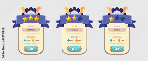 Game ui set. Menu of points earned in the game, level of acquisition and rating. 2D game graphic GUI user. Casual games. Vector. Can be used in mobile or web games.