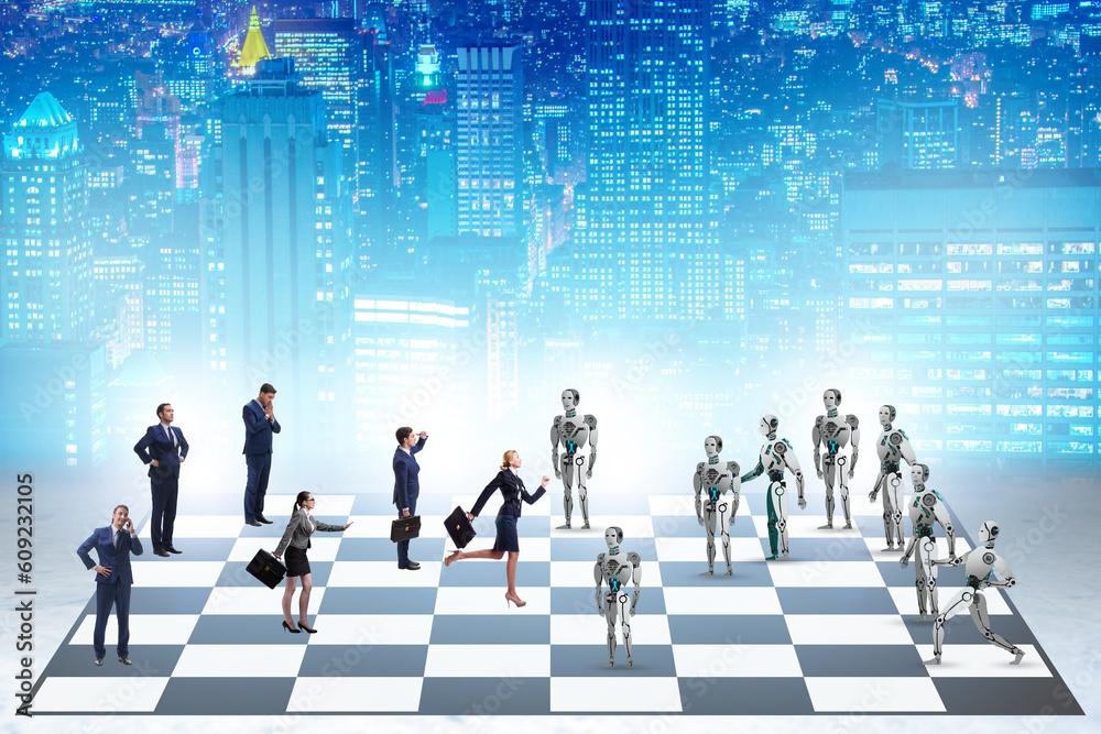 Obraz premium Concept of chess played by humans versus robots