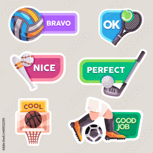 Text comment sticker bravo ok nice perfect cool and good job volley tennis baseball basketball golf and football tournament sport style