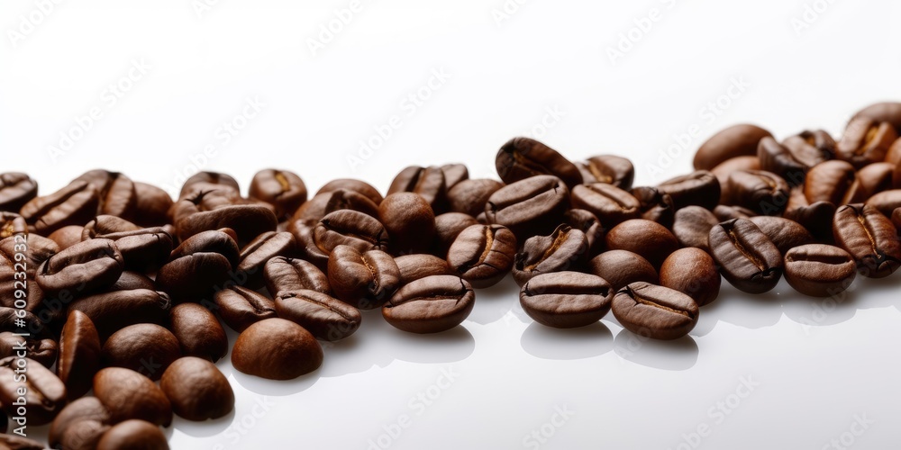 Aerial close-up view of coffee beans resting delicately on a pristine white background. Generative AI Aerial close-up view of coffee beans resting delicately on a pristine white background. Generative AI