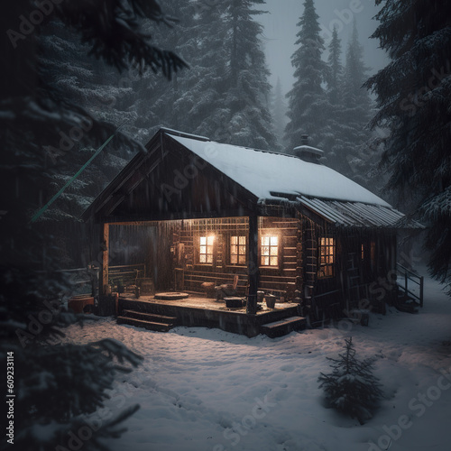 Remote cabin in the woods with a view of snowcovered trees. A cozy Cabin in the woods during a snowstorm. Realistic 3D illustration. Generative AI © Vagner Castro