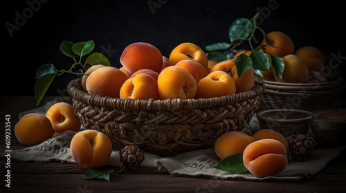 fresh apricot fruits in a bamboo basket with blur background